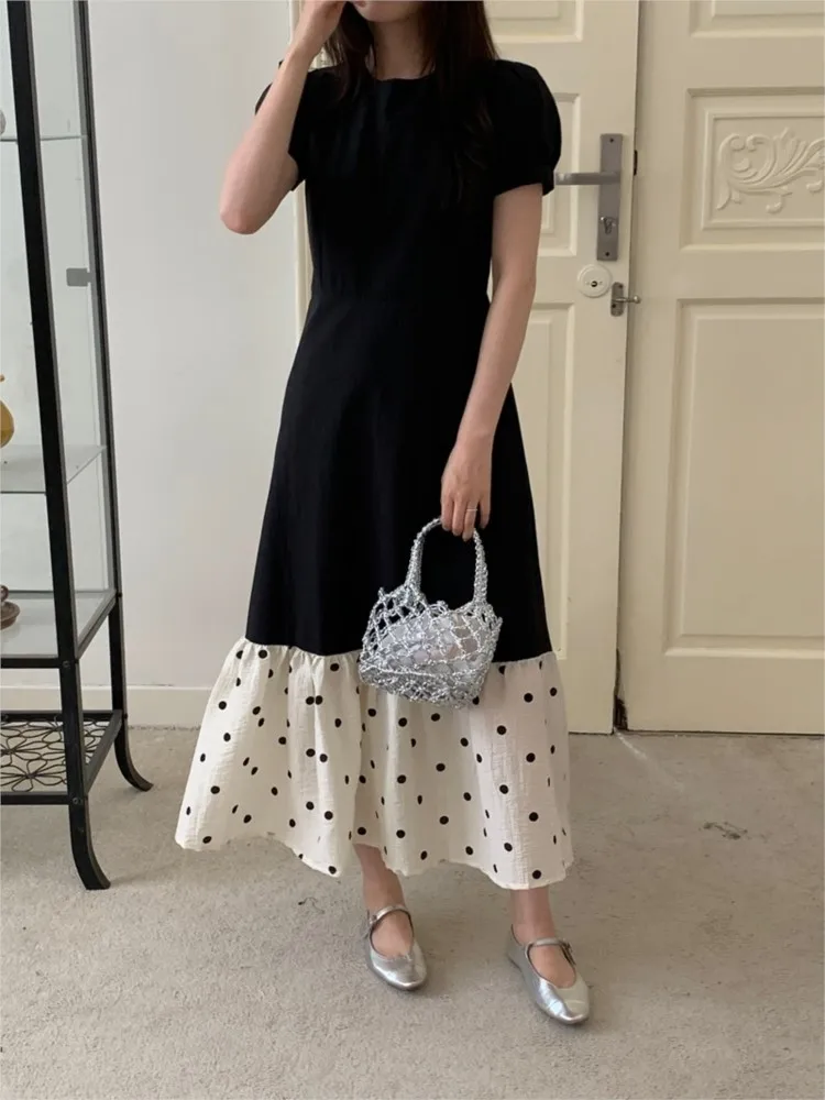 Elegant French Style Polka Dot Mermaid Dress Women Summer Vintage Color Collision Slim Solid Fishtail Chic Long Dress Fashion