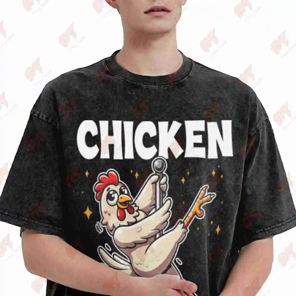 Chicken Strip Pole Dancing Funny Spoof Vintage Washed Tee Pure Cotton T-Shirt