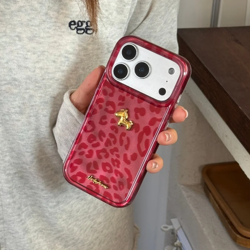 

Fashion Red Leopard Print Phone Case For iPhone 17 Pro 14 15 16 Pro Max Back Cover with 3D Pony Shockproof Protective Cases Fund
