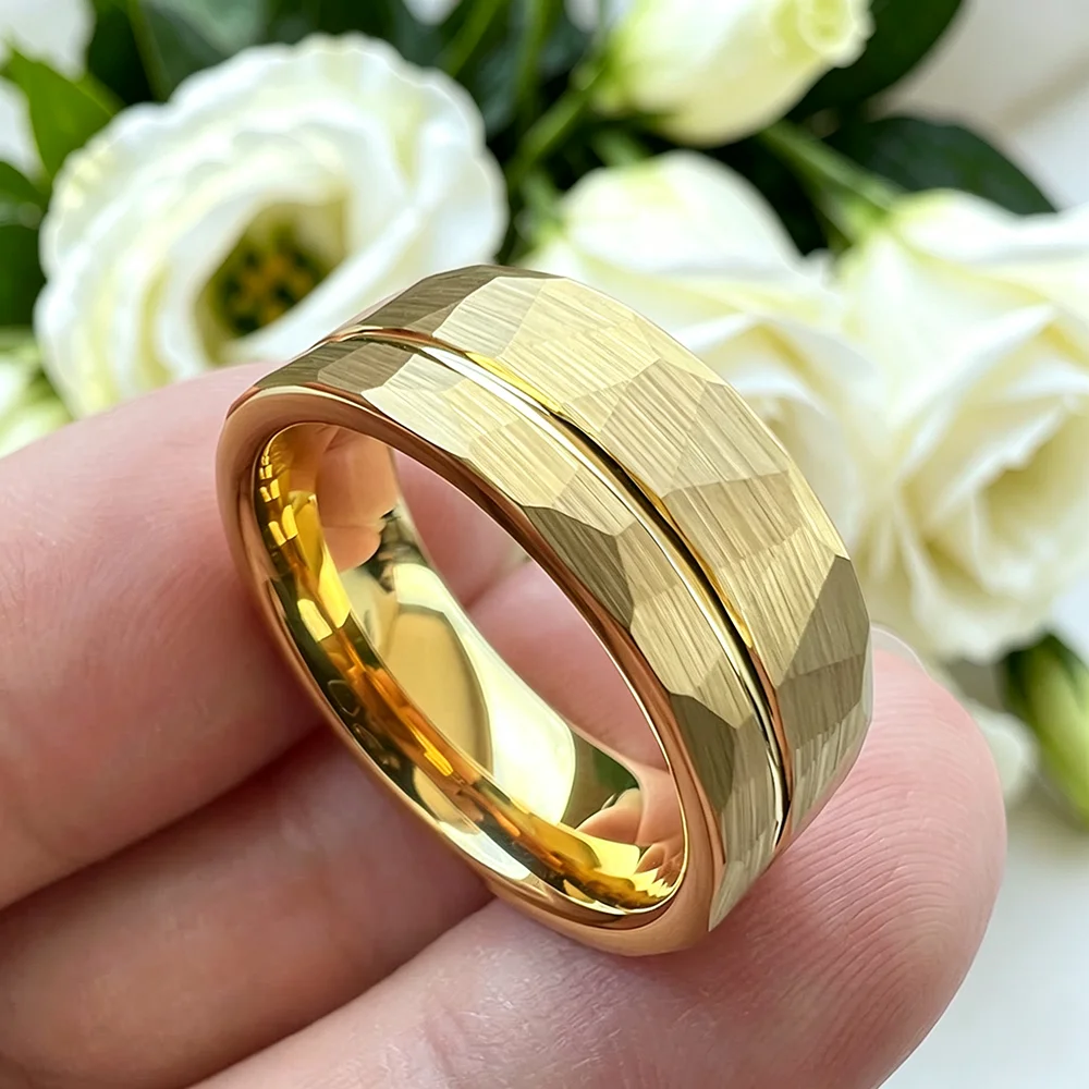 Simple 8mm Gold Color Stainless Steel Rings For Men Women Offset Line Matte Finish Ring Men Wedding Band Party No Fade Wholesale