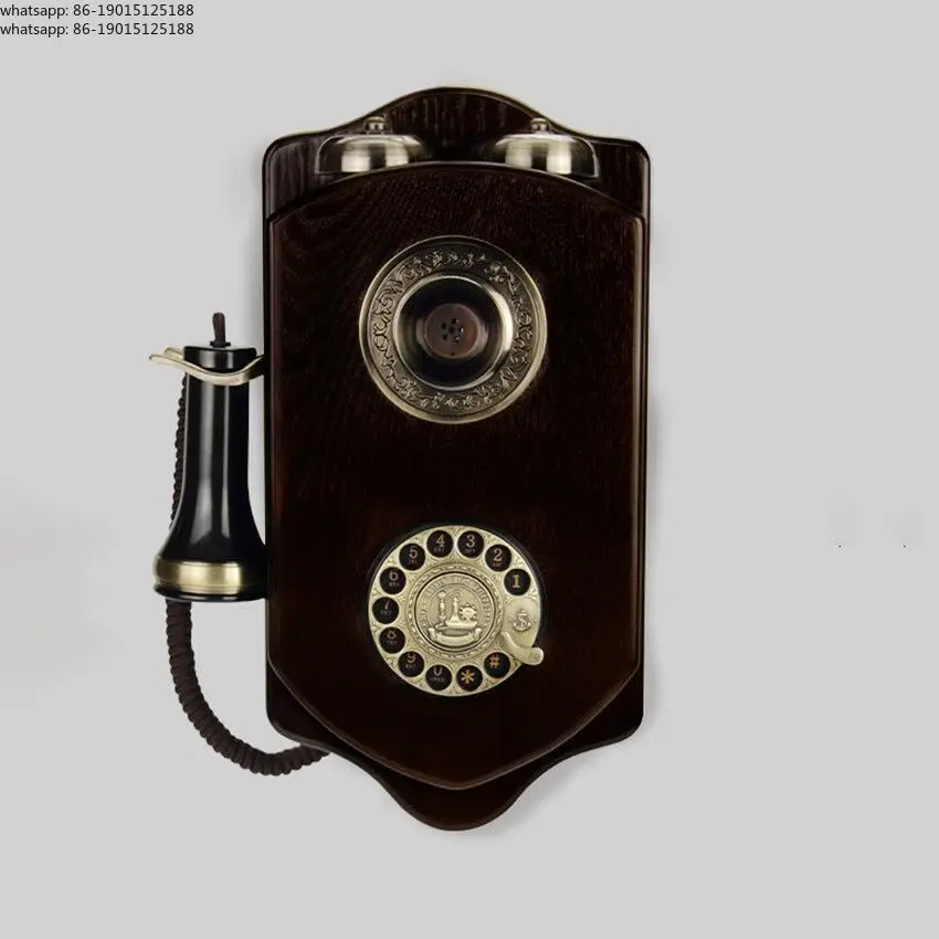 Vintage Antique Corded Wall Phone with Rotary Dial, Mechanical Ringtones, Redial, Wooden Decorative Telephone for Home Bar