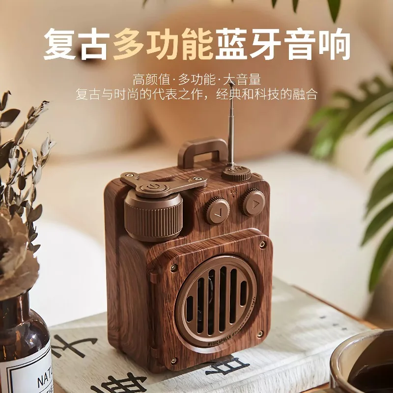 A6 Retro Bluetooth Speaker, Mini Wireless Wood Subwoofer with FM Radio for Desktop Computer Audio