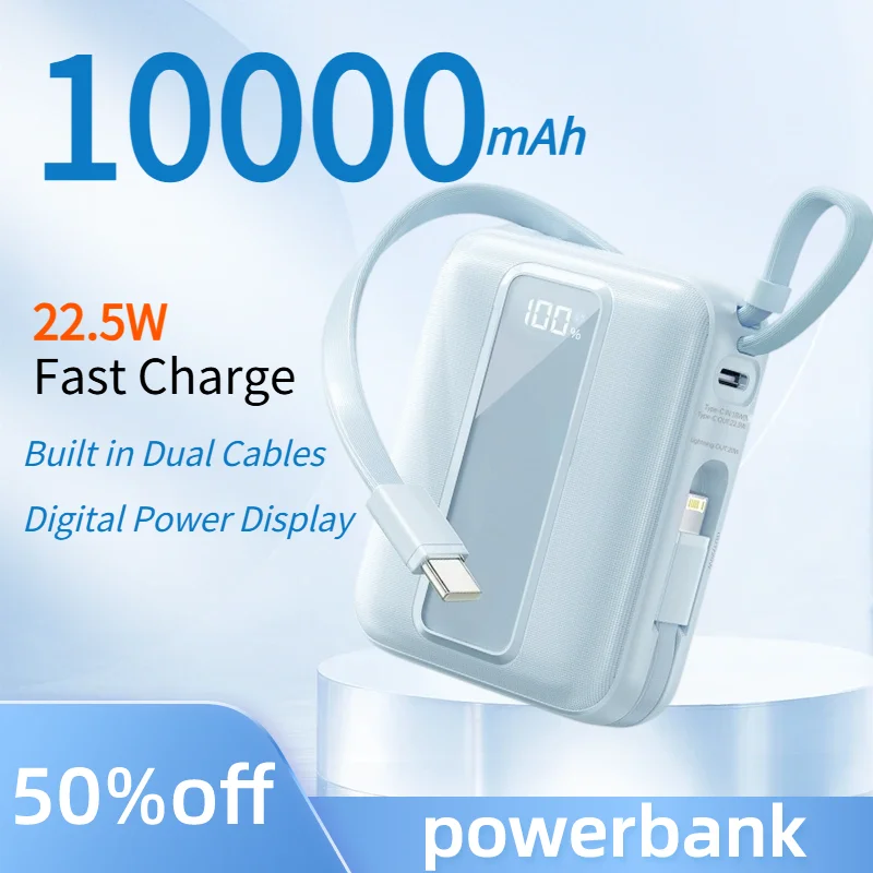10000mAh Power Bank 22.5W Fast Charge Built in Dual Cables Digital Display PowerBank Portable Charger for IPhone Samsung