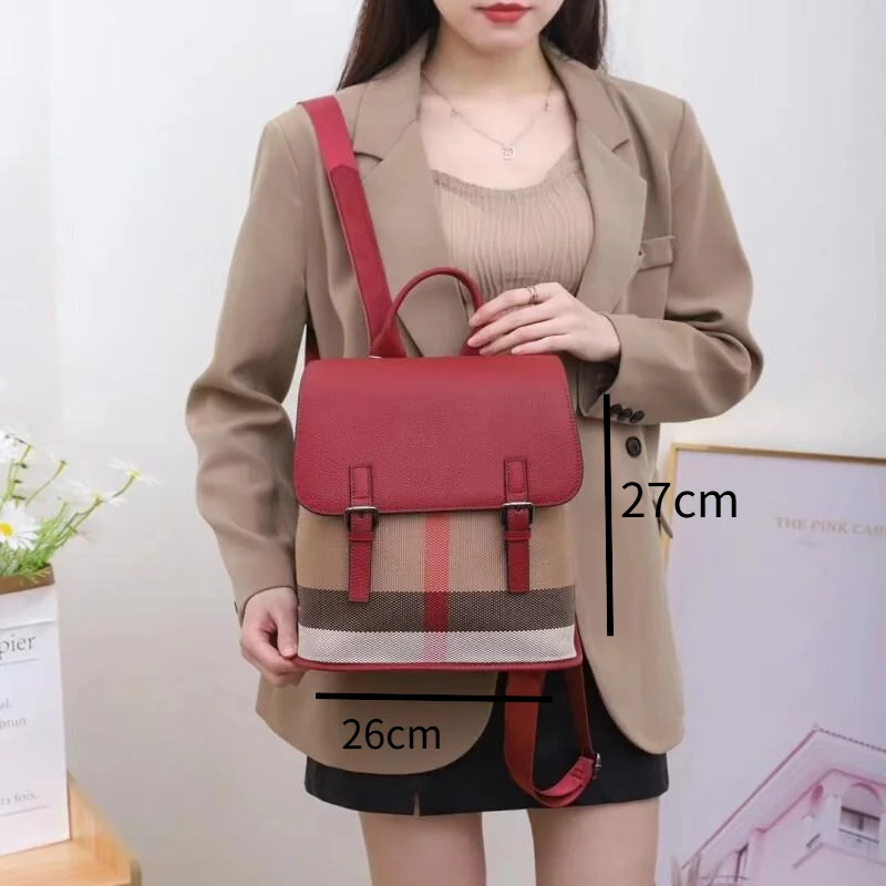 New Fashionable Handbag Casual All Match Single Shoulder Genuine Leather Plaid Contrasting Color High Quality Backpack for Women