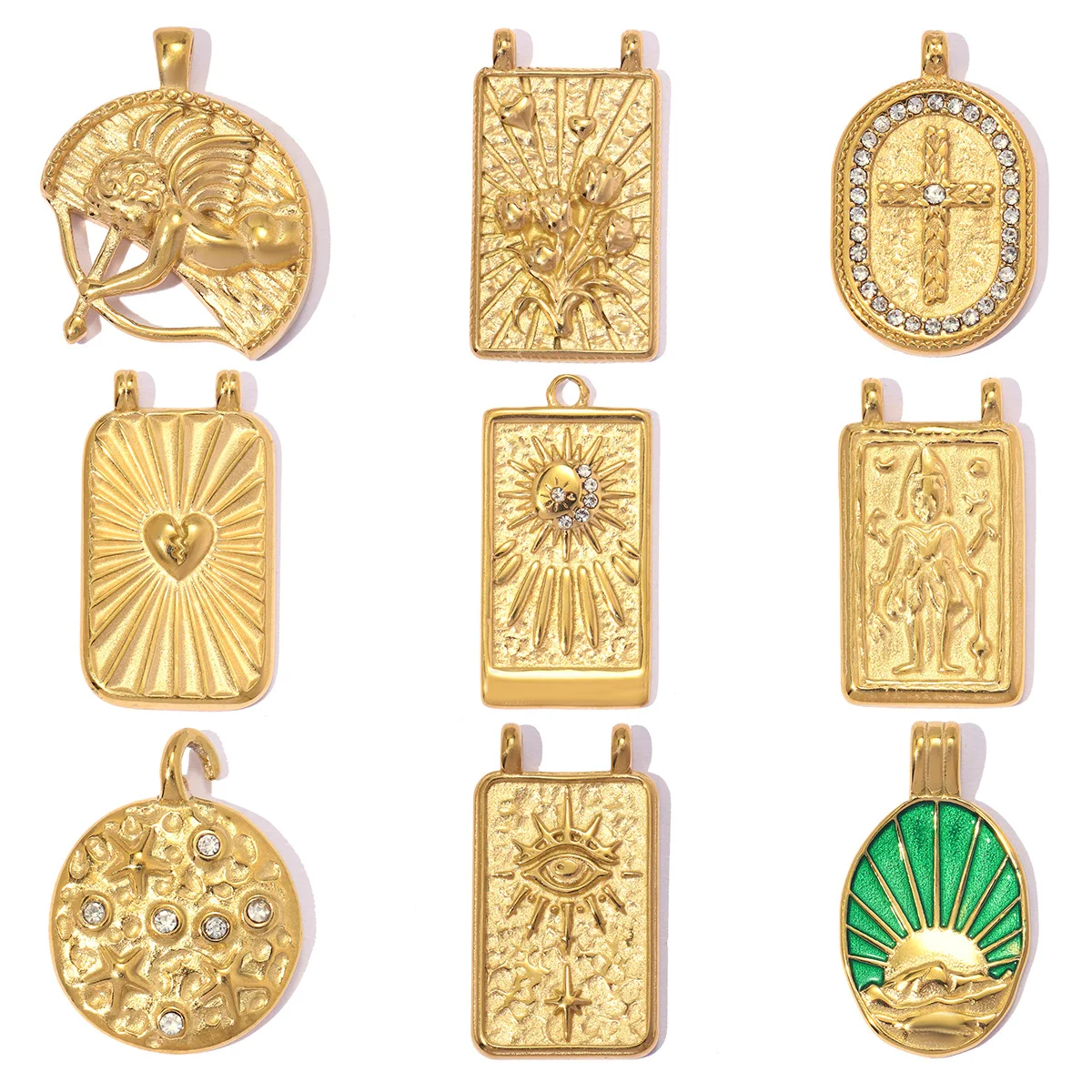 3 Stück/Set Edelstahl Strass Kreuz Mond Sonne DIY Anhänger Die Göttin der Liebe Amor Halskette Anhänger Frauenauge Herz Schmuck