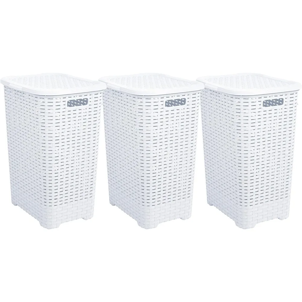 

Plastic Laundry Hamper with Lid 3 Pack Laundry Hamper Basket, White Tall Cloths Hamper Organizer with Cut-out Handles. Space Sav
