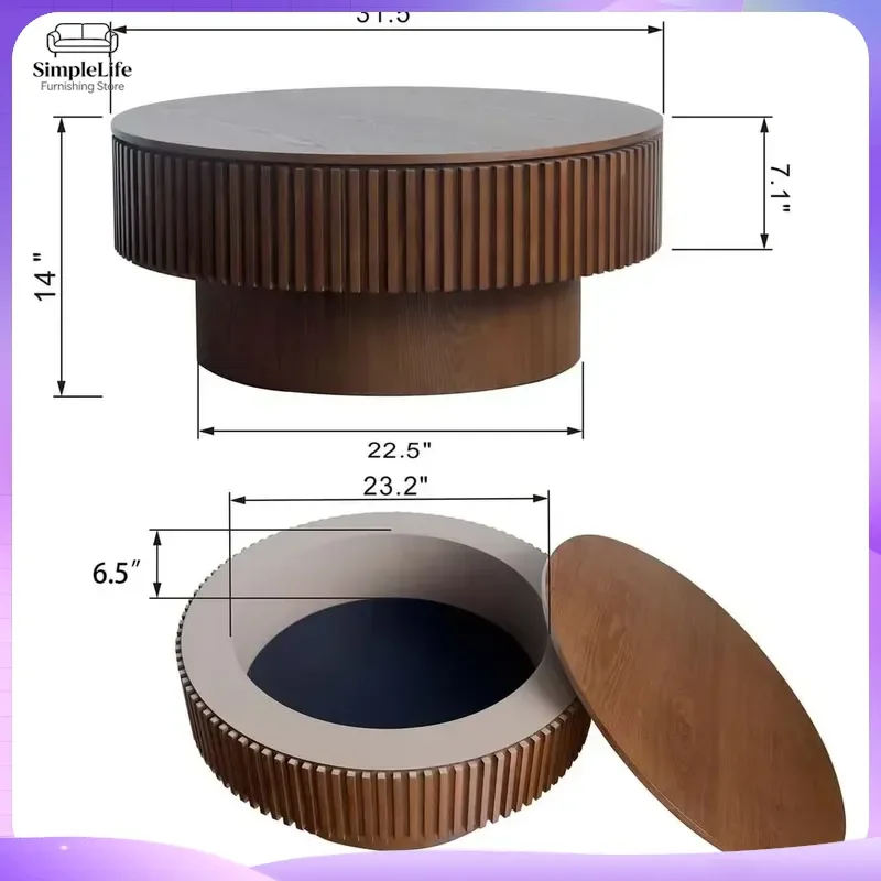 Round Coffee Table with Storage Shelf Walnut Finish Solid Wood Veneer Living Room Small Space Compact Modern Minimalist