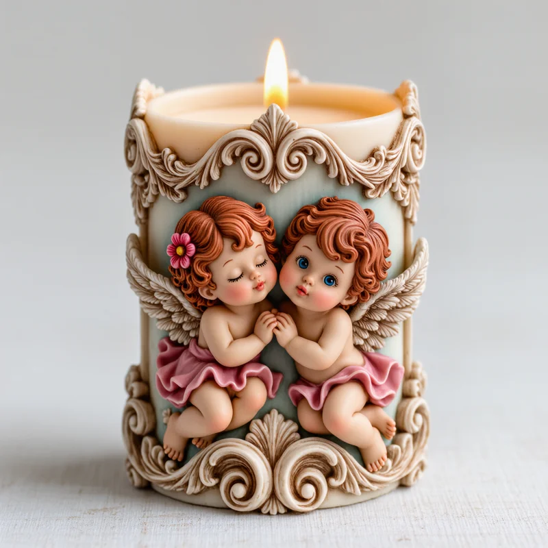 Closed-Eye Praying Angels Candle Mold, Hand-In-Hand Relief Mold, Exquisite Vine Pattern Design Resin Mold