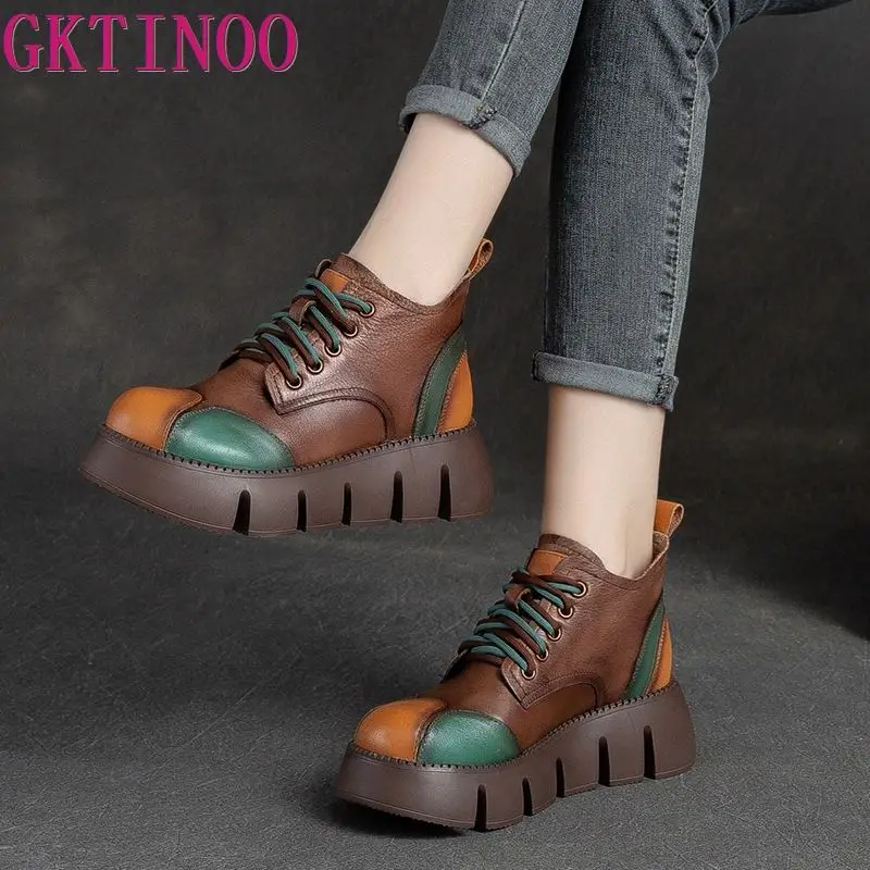 GKTINOO 2024 Autumn New Thick Sole Mixed Colors Retro Flat Platform Shoes Genuine Leather Versatile Lace Up Pumps Casual Shoes