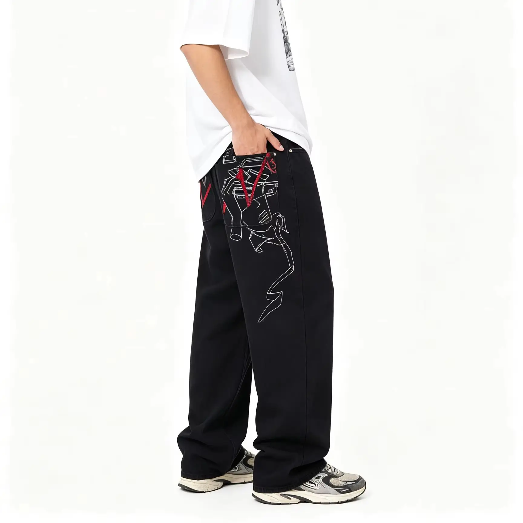 Vintage Black Denim Trousers Back Pocket Red White Embroidery Pattern Loose Straight Unisex Street Hip Hop Casual Pants