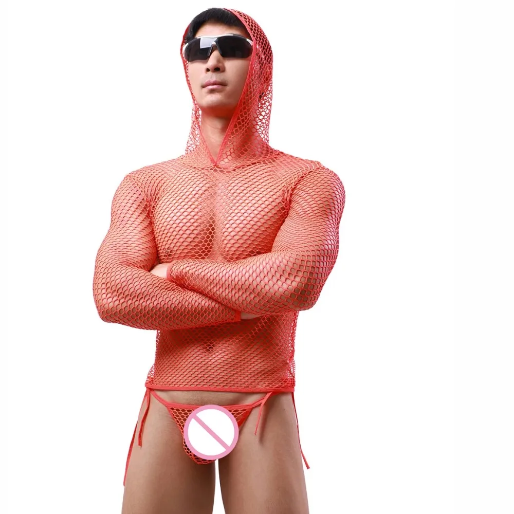 

Men's Solid Color Sexy Hooded Long Sleeve Mesh Transparent Tops with Lace-up Briefs Fishnet Hollow Out T-shirts Underwear Sets