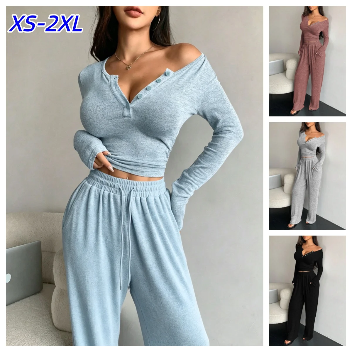 Women's Matching Sets Female Outfits 2 Piece Solid Color Button Down Long Sleeve Top High Waist Pants Casual Elegant Tracksuit