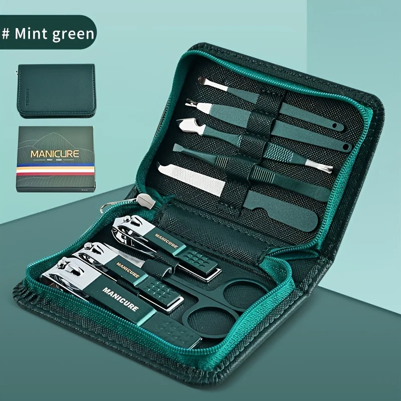 Green 9 Pcs Manicure Set With Leather Case Professional Foot And Face Care Tool Kits Stainless Steel Nail Clipper Sets Gift