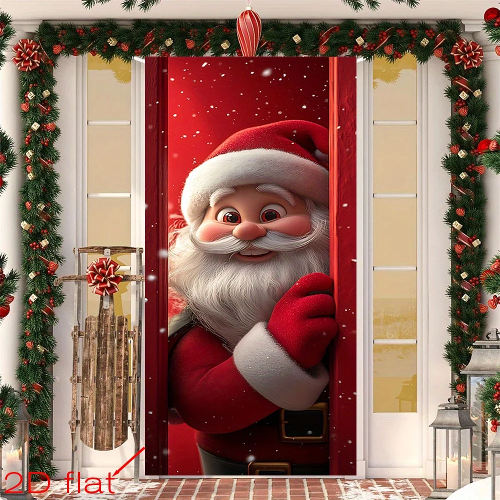 قطعة واحدة، لافتة باب مسطحة 2D، تقشر سانتا كلوز من خلف الباب الأحمر، بوليستر متعدد المقاسات/علم الباب