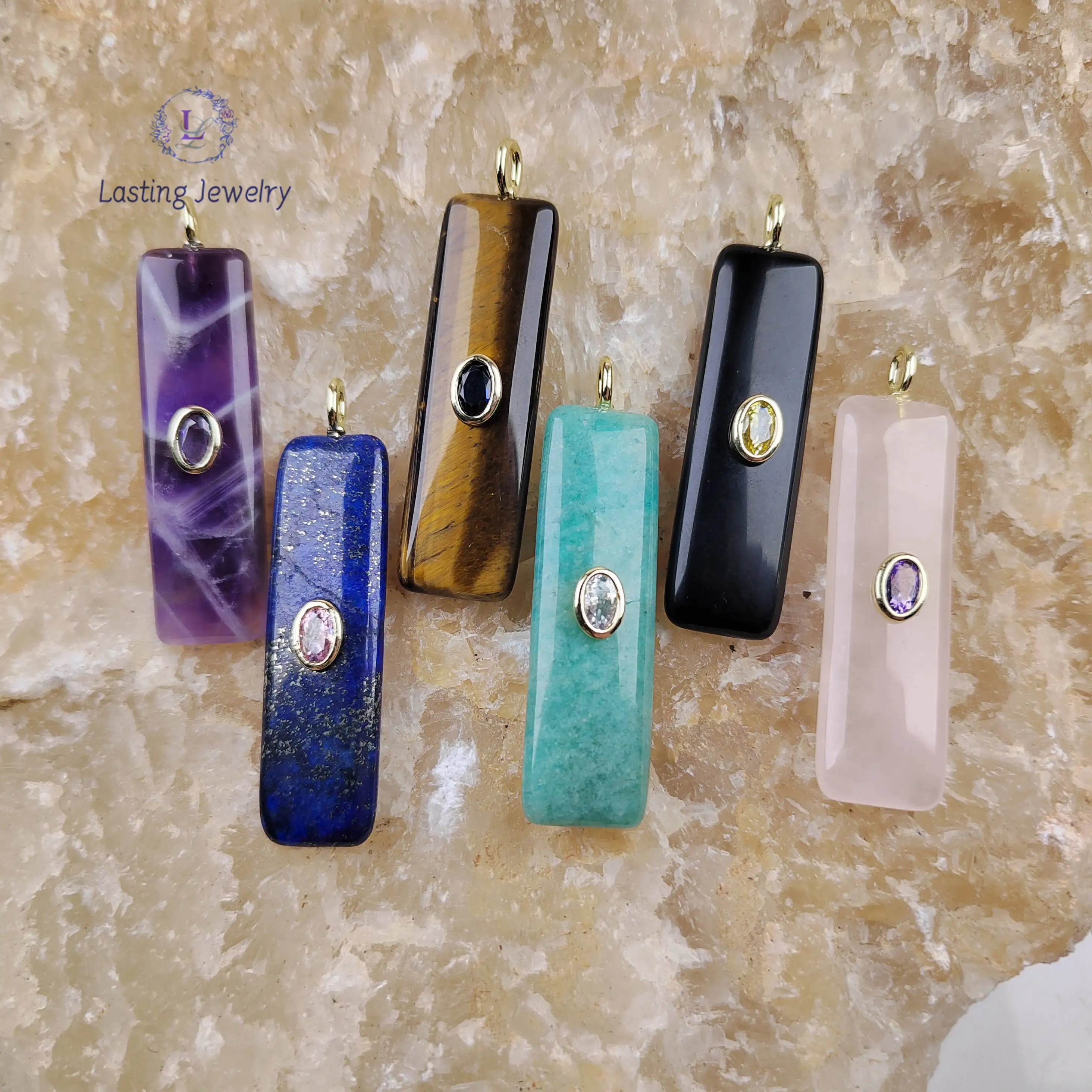 

13x45mm Quartz Long Rectangle Pendants With Inlaid Colored Zircon Beads Lapis Lazuli Obsidian Charms For Necklace Jewelry Making