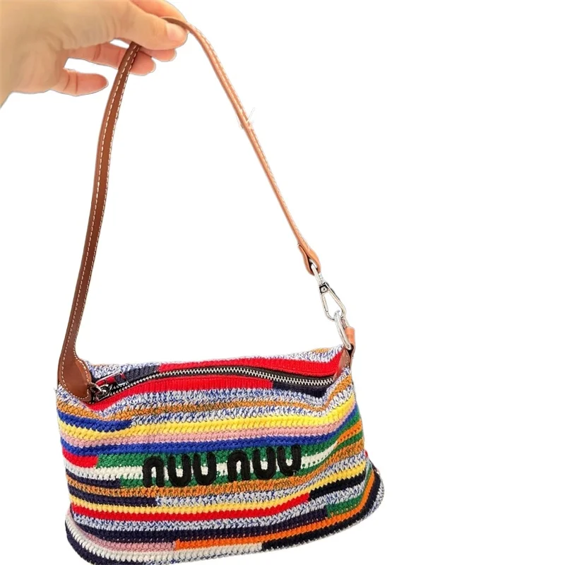 Beach Bag Rainbow Colour Women M219473 Hand Bags Handbags Design Ladies Outdoor Wear Stripe Rainbow Colour Knit Handmade 2024