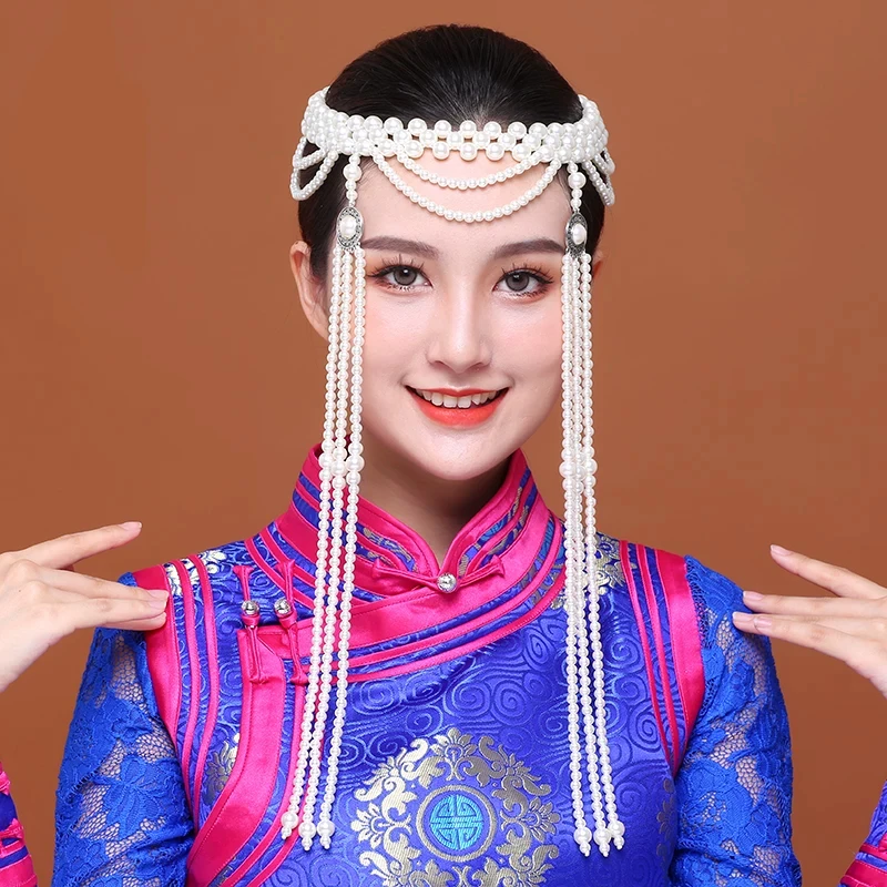 Chinese Mongolian Dance Performance Headwear Handmade Beading Tassel Ethnic Hair Accessories Mongolian Robe Accessories