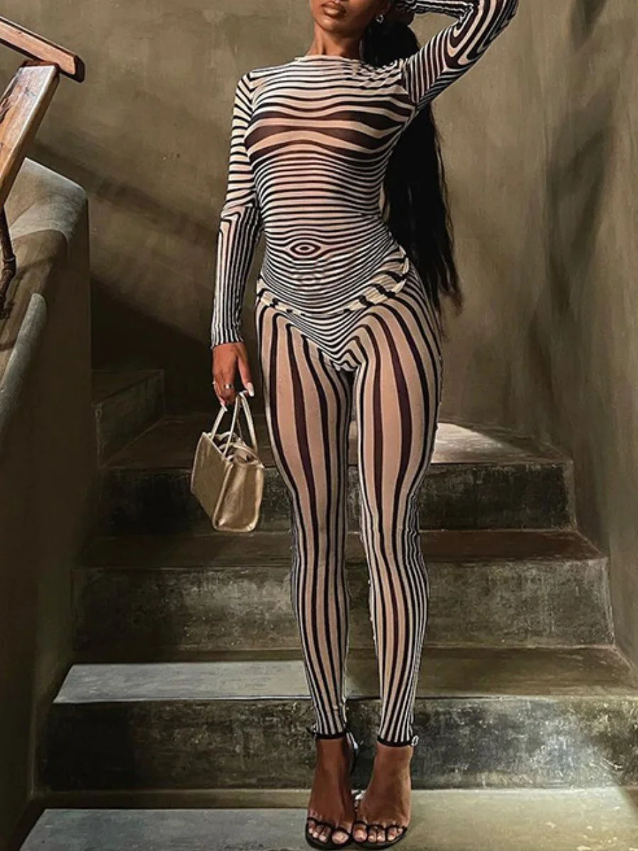 LW women's matching tracksuit sets Striped See Through Skinny Pants Set long sleeve Two pieces sets club party women clothing