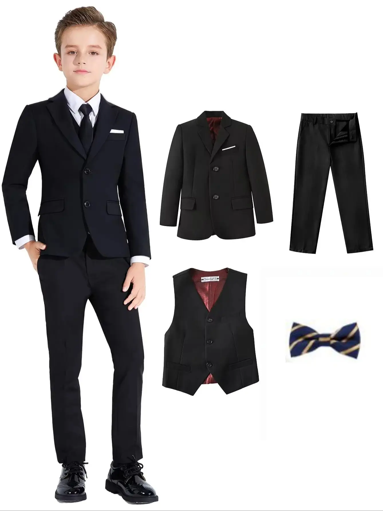 Brand Selection Schwarzes Anzugset für Kinder von 3–14 Jahren, dreiteiliges formelles Anzugset für Jungen für Hochzeit, Kommunion, Schulanfang – Detail 1