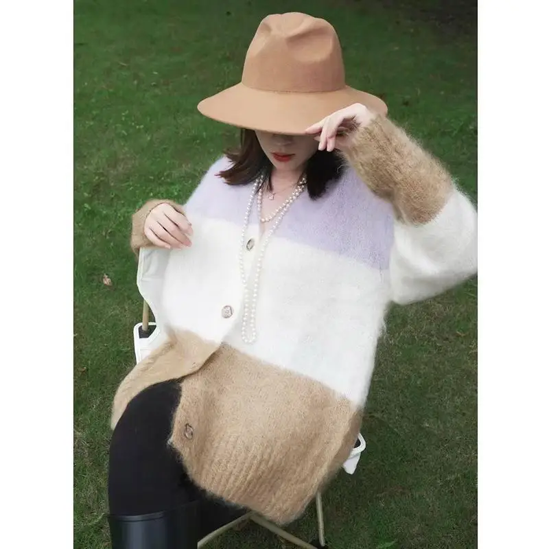 Long Knitted Cardigan Color Matching Women Mohair Blend Top Female Sweet Casual Loose Clothes Coat Furry Sweater Knitwear 2022