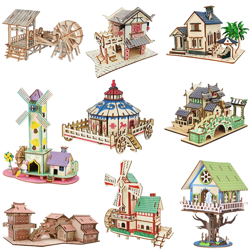 3D Puzzle Wooden Construction Building House Wood Model DIY Assembled Kits Montessori Toys For Children Kids Gift Party Games