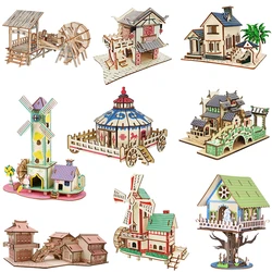 3D Puzzle Wooden Construction Building House Wood Model DIY Assembled Kits Montessori Toys For Children Kids Gift Party Games