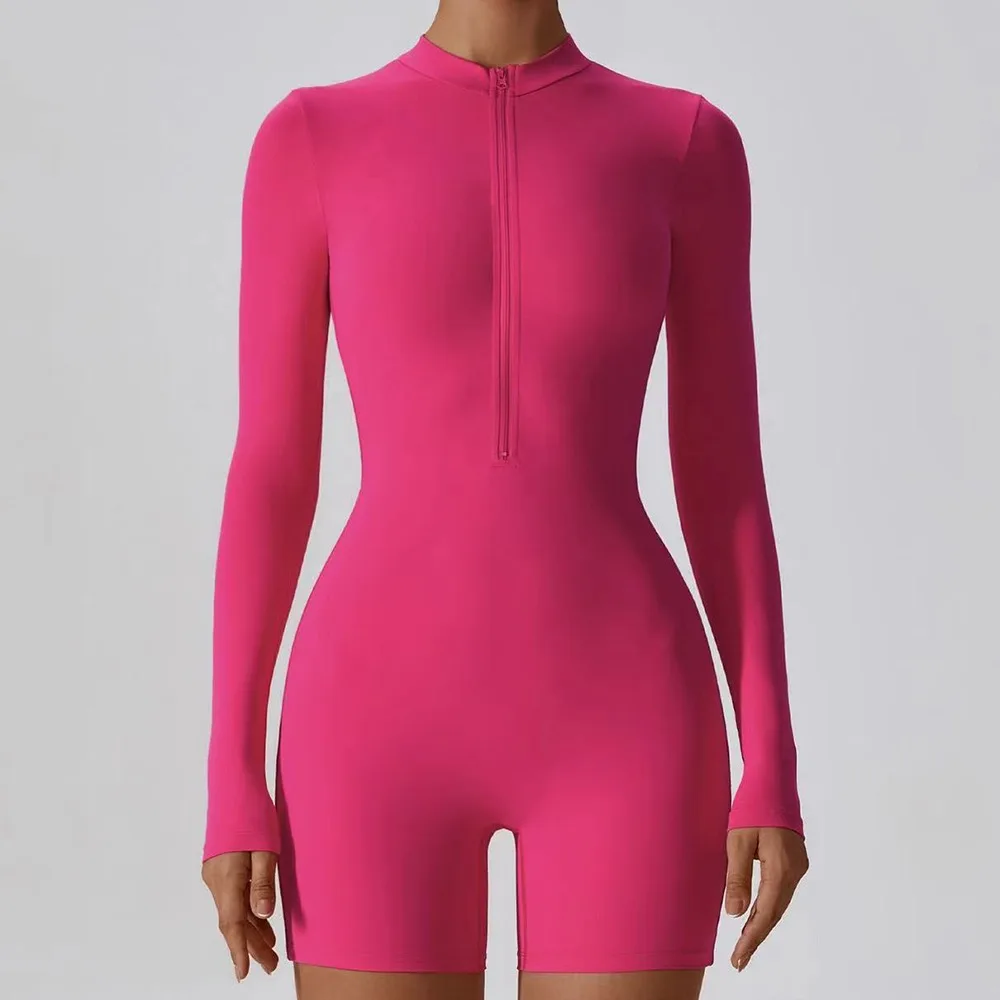 Sexy Zipper Long Sleeve Jumpsuits Long Sleeve Multipurpose Workout Tracksuit Solid Color Women Sportswear Dance