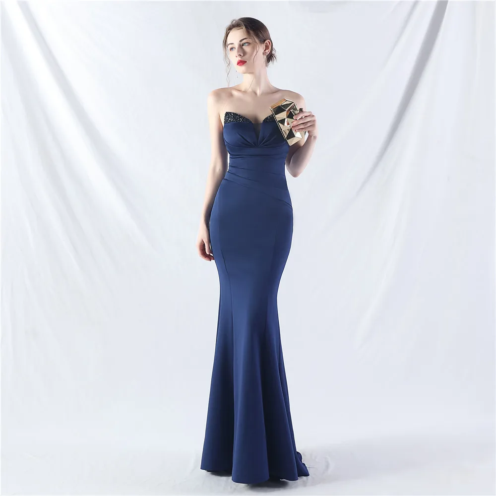 Navy Blue Mermaid Long Elegant Evening Dress in Stock Sweetehart Backless Chic Crystals Spandex Formal Occasion Gowns Prom Party