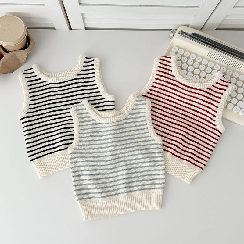 

2025 New Autumn 0-3Yrs Toddler Baby Boys Girl Knitting Vest Newborn Baby Boys Girls Sleeveless Striped Knitted Pullover Vest