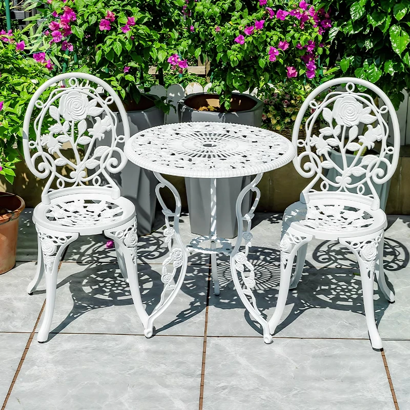 ！@European Style Cast Aluminum Outdoor Table Chair Set Metal Ironwork Durable Waterproof Cushions 1 Year Warranty for Courtyard