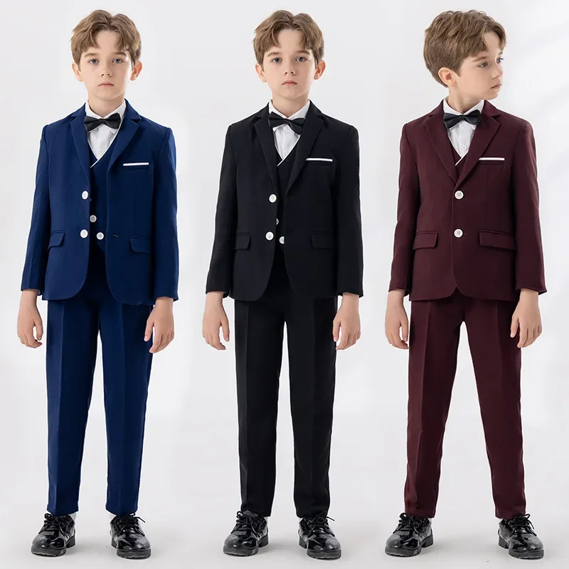 Boys Black Blue Red Slim Fit Suits Formal Wear Children Teenager Best man Performance Host Clothes Kids Student Party Full Dress