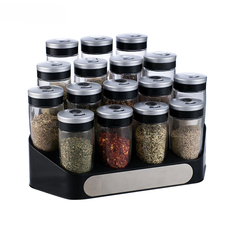 

kitchen container food grade glass spice jar organizer seasoning packaging set with rack spice shaker condiments bottle