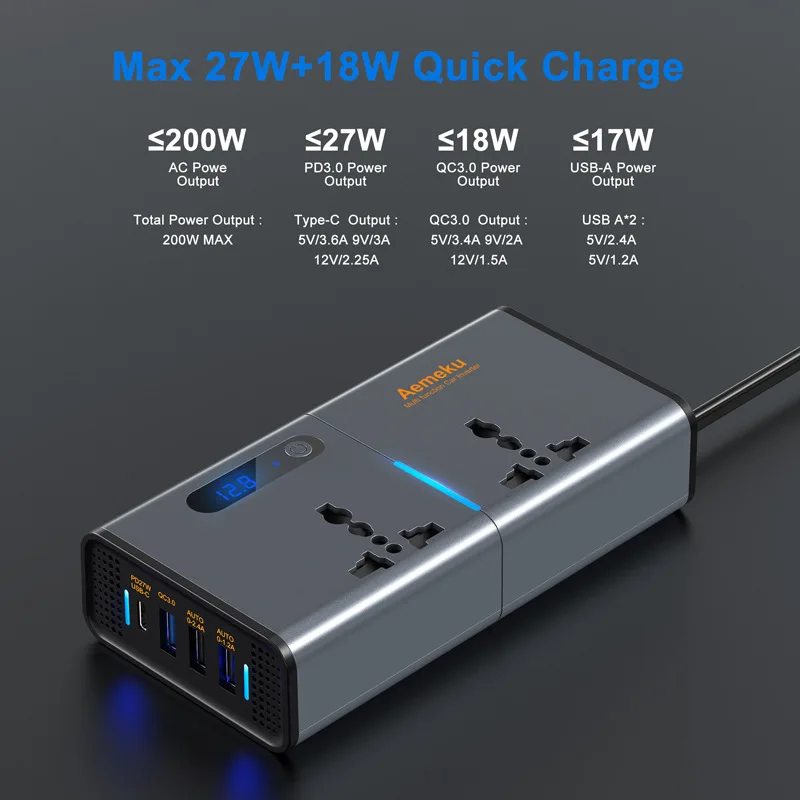 سيارة العاكس تيار مستمر 12 فولت إلى التيار المتناوب 110 فولت 220 فولت محول السيارات نوع-C USB شحن سريع شاحن الاتحاد الأوروبي الولايات المتحدة المقبس سيارة العاكس محول الطاقة