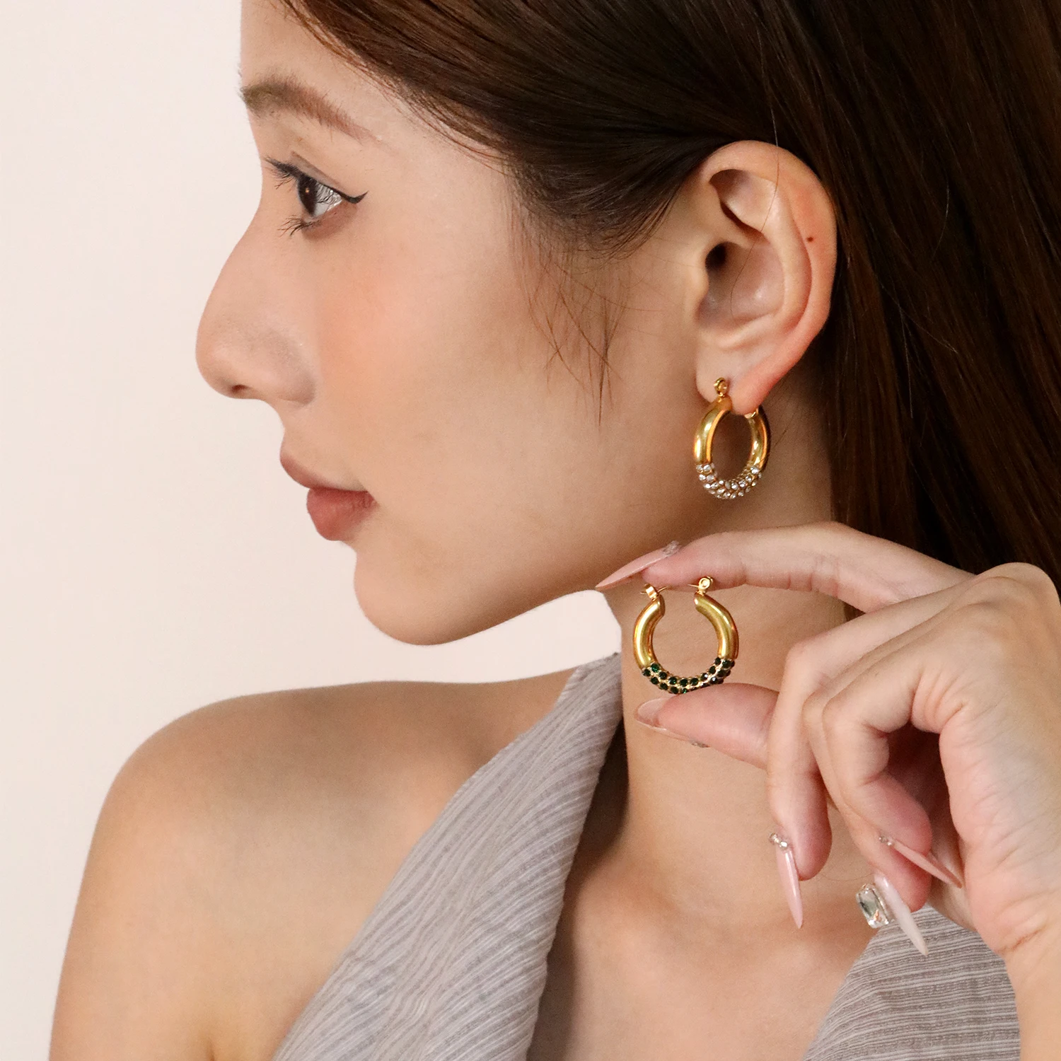 ASONSTEEL الفولاذ المقاوم للصدأ جولة هوب أقراط للنساء الفاخرة مكعب زركونيا القرط مقاوم للماء الملمس المعدني مجوهرات الزفاف #3