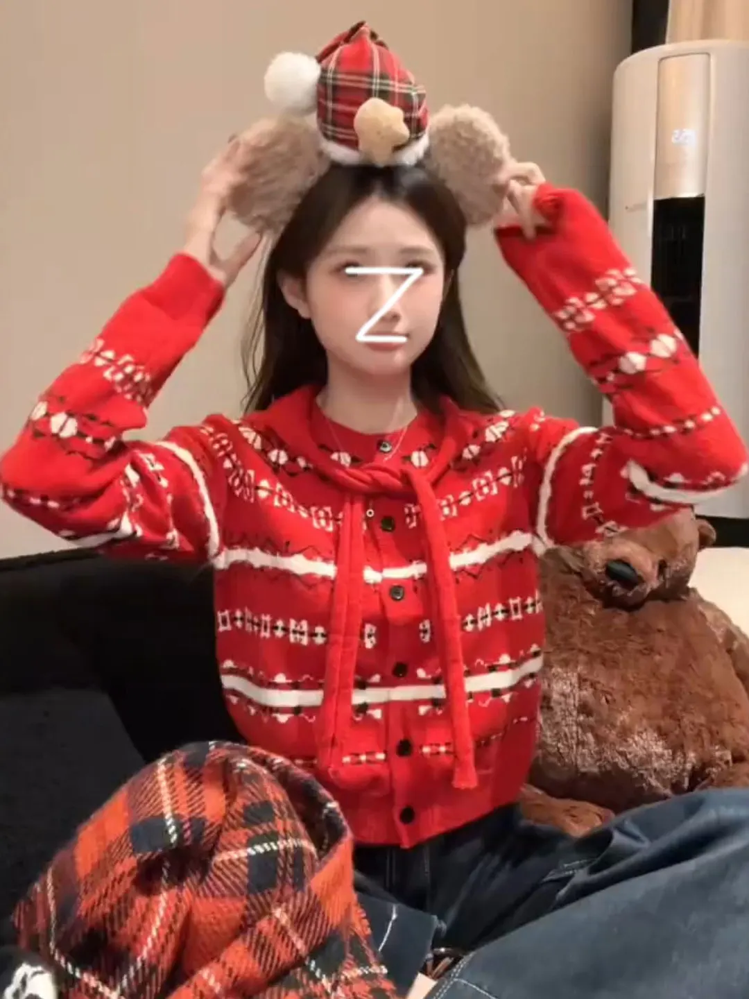 

Retro Red Fair Isle Knitted Sweater Coat Women's Short Style American Lazy Autumn Winter Top Korean Version Slim Fit Long Sleeve