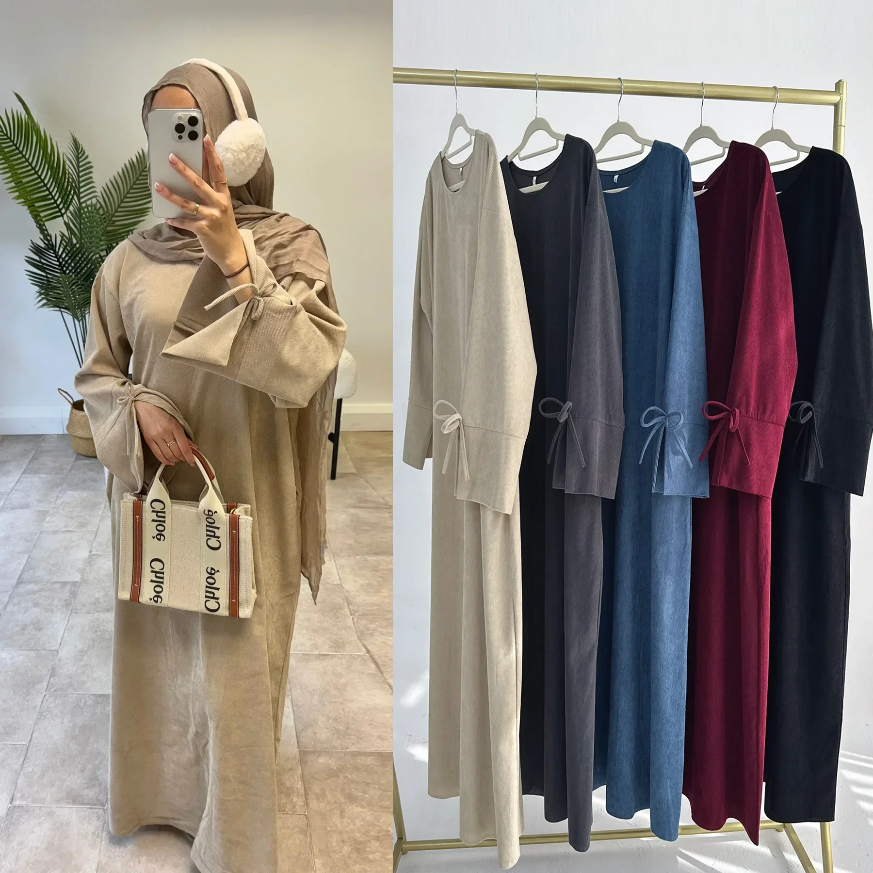 Winter Corduroy Abaya Dubai Luxury Bow Sleeve Warm Muslim Long Dress Thicked Closed Abayas for Women Islamic Clothes Kaftan Robe