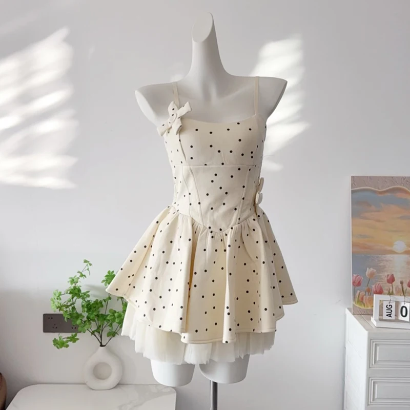 

French Polka Dots Mini Dress Women Sleeveless Elegant Preppy Bow Cake Dresses Mesh Patchwork Casual Female Ball Gown Vestidos