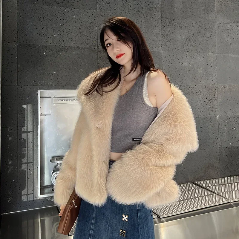 Women Coat Sexy Faux Fur Coats Maxi Warm Thick Outerwear Jacket Turn Down Collar Autumn Winter Open Stitch Jackets Elegant