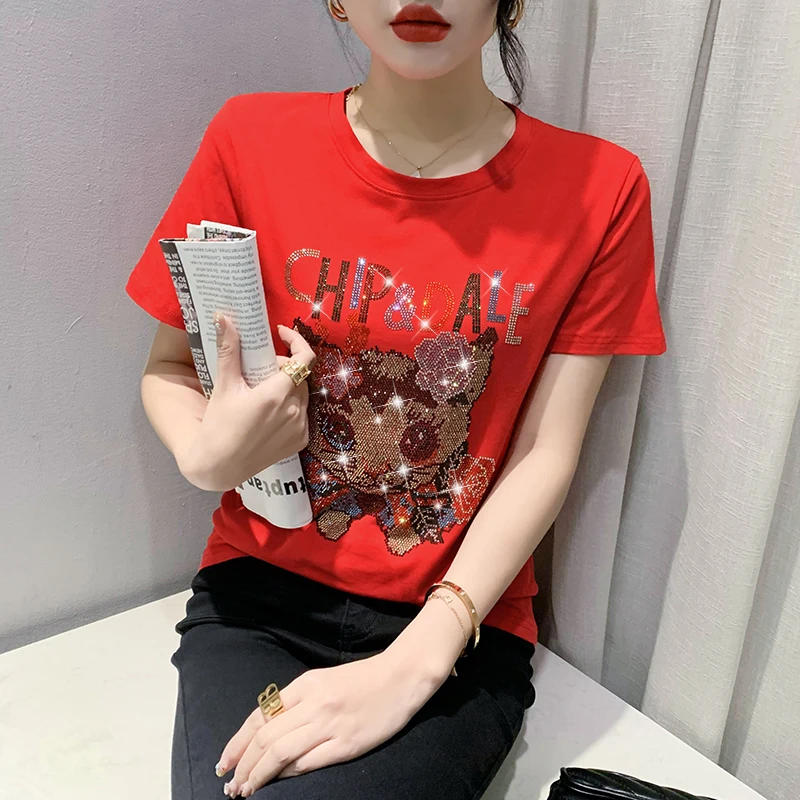 

2023 New Summer European Style Cotton T-Shirt Chic Sexy Cat Shiny Diamonds Women Tops Short Sleeve Drilling Hand Made Tees 37027