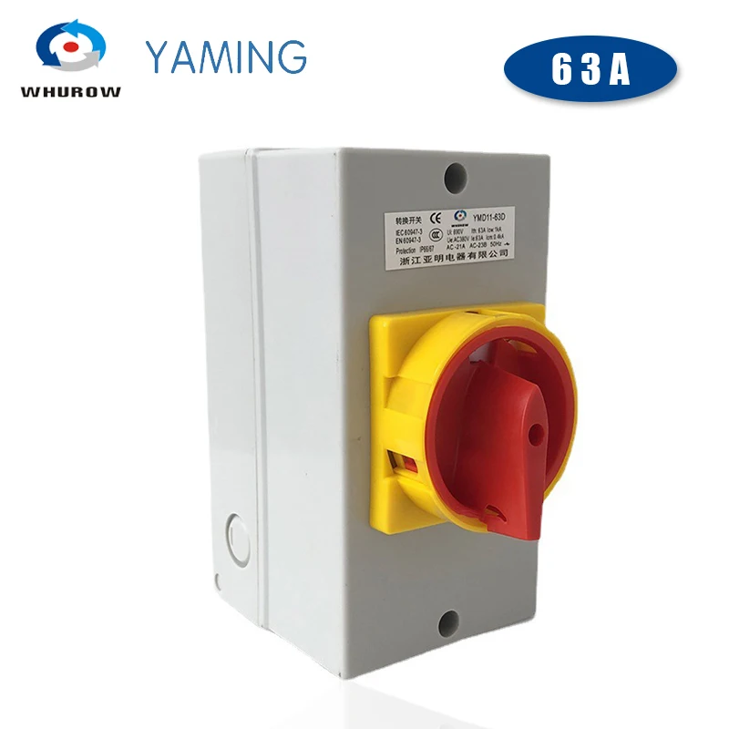 YMD11-63D ON-OFF Two Positions Isolator Disconnect Switch 63A 3P Padlock Cam Changeover With IP65 Waterproof Box Enclosure