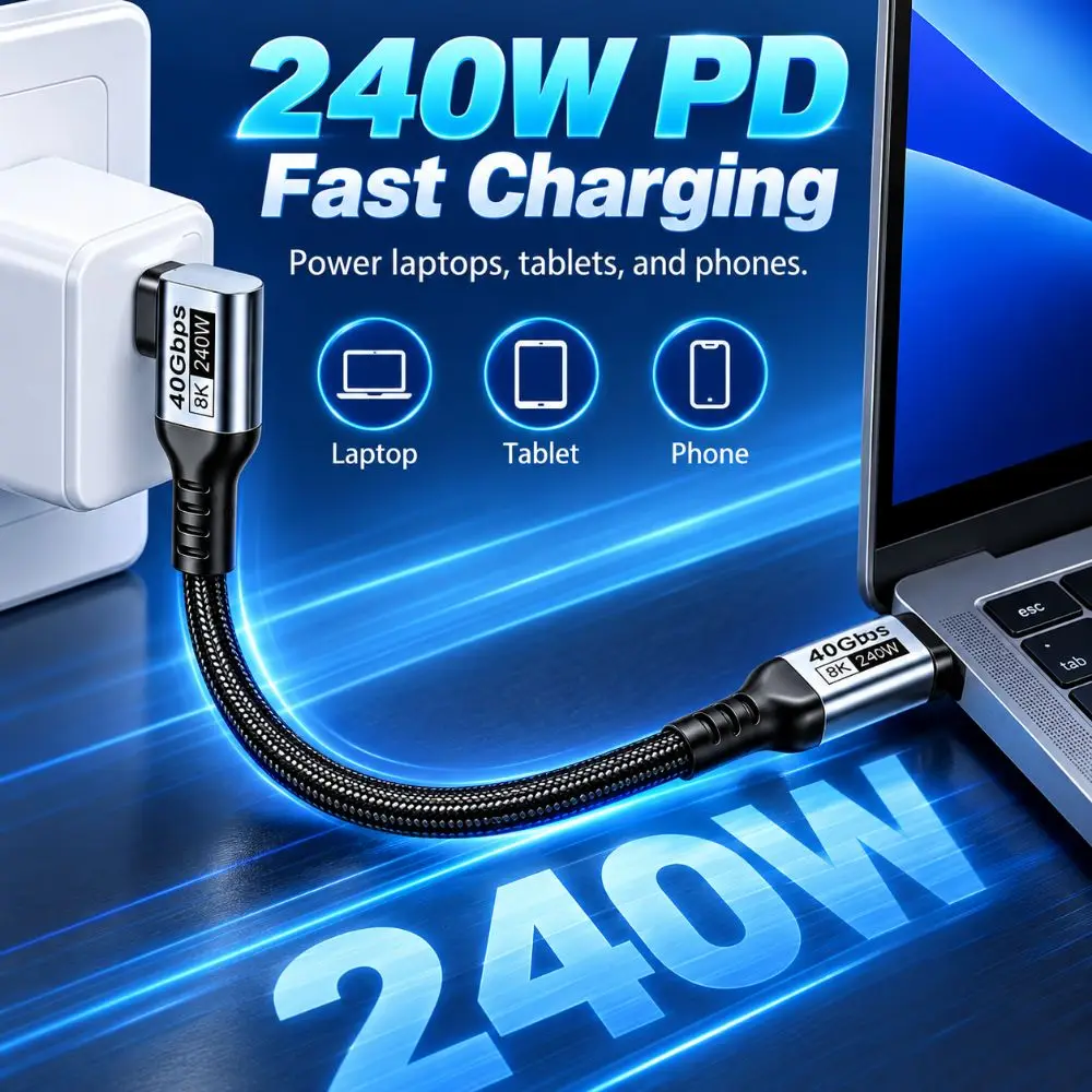 40Gbps USB4 Cable 240W PD3.1 Dual 90 Degree USB-C Data Cord 8K@60Hz E-Marker Chip Type-C Charging Cable Laptop Charging