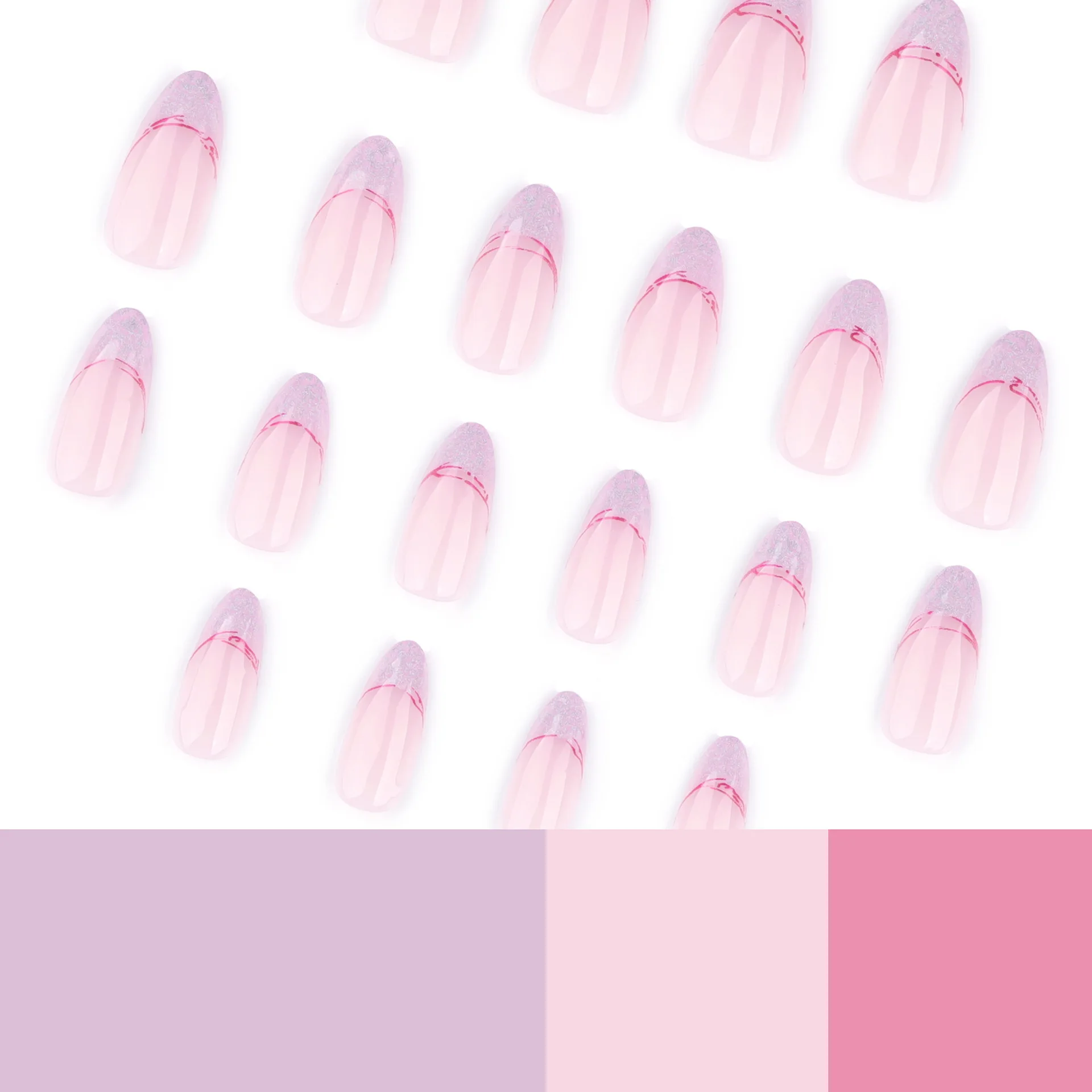 Faux ongles en amande, couleur bleu-violet, avec poudre scintillante, portables, faits à la main, manucure, 24 pièces