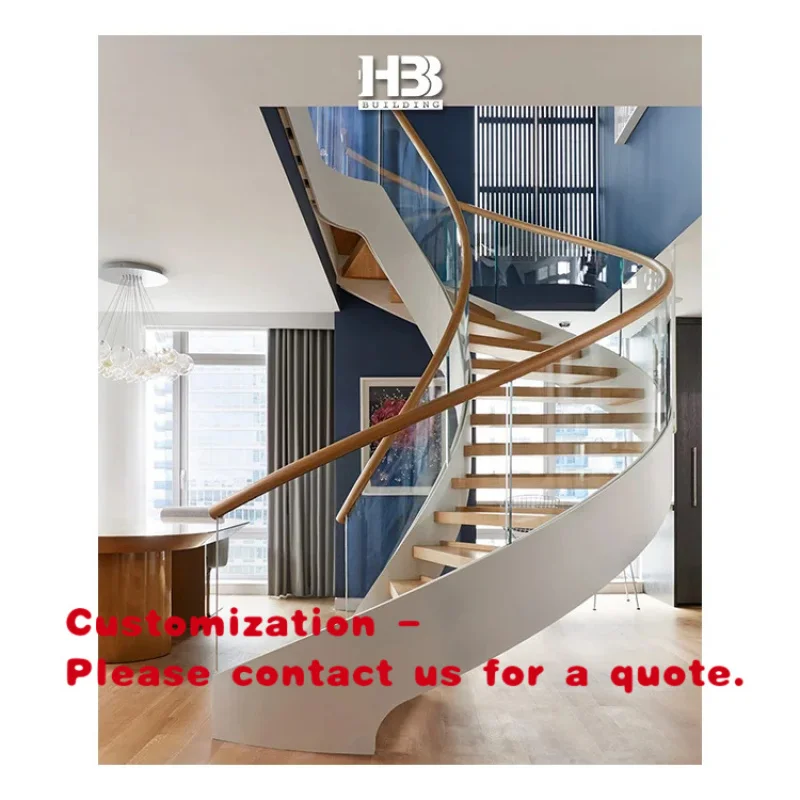 custom.Luxury Indoor Staircase Modern Design American Oak Wood with Stainless Steel Glass Circular Loft Curved Stairs