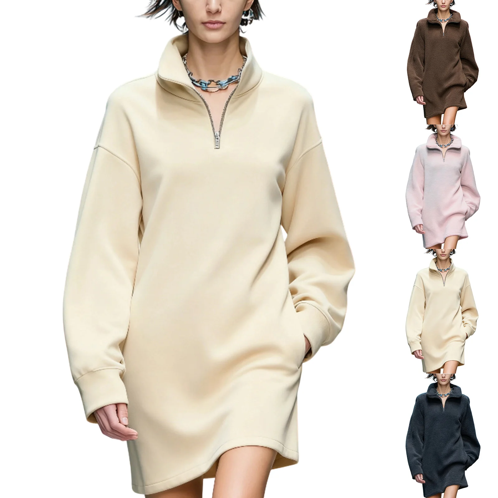 Half Zip Waist Cinched Short Skirt Women'S Solid Color Fashionable Dress Winter Long Sleeved Dress