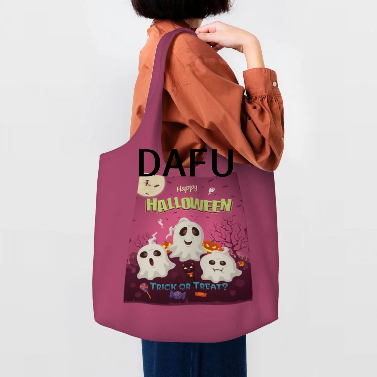 Happy Halloween Funny Halloween Print Cotton Tote Bag - Casual Commuter Shoulder Bag for Work Grocery Shopping Trick or Treat