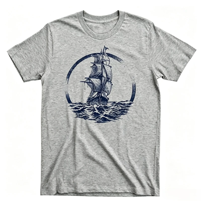 Vintage Nautical Sailboat Graphic T Shirt Retro Ocean Wave Ship Crew Neck Cotton Tee Casual Outdoor Seafaring Streetwear Y2k Top