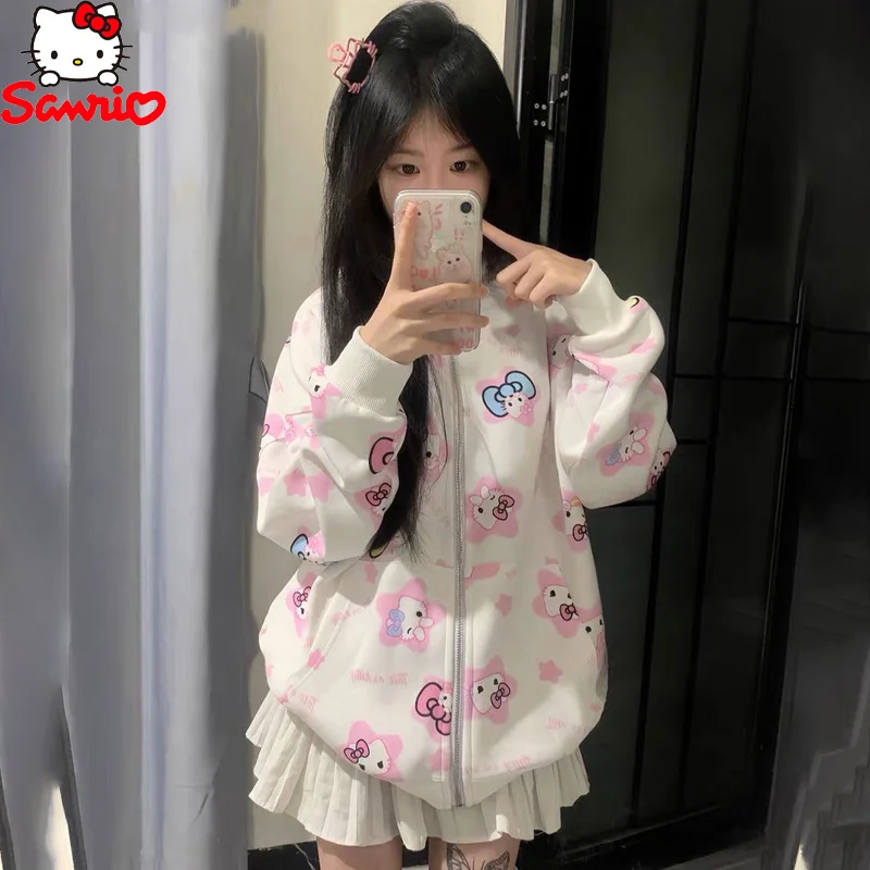 Hello Kitty Hoodie Jacket All-Over Printed Zipper Cute Cartoon Sweatshirt Women Loose Campus Cool Hello Kitty Jacket Handsome