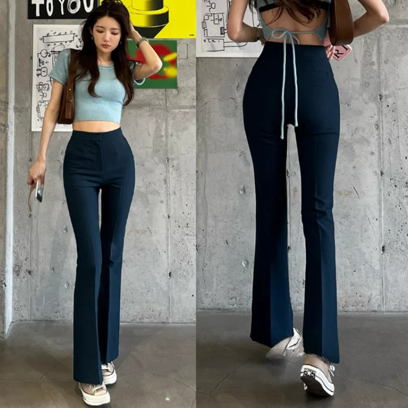 

Модные прямые брюки с высокой талией для женщин, повседневные длинные брюки, корейская хлопковая смесь ткани