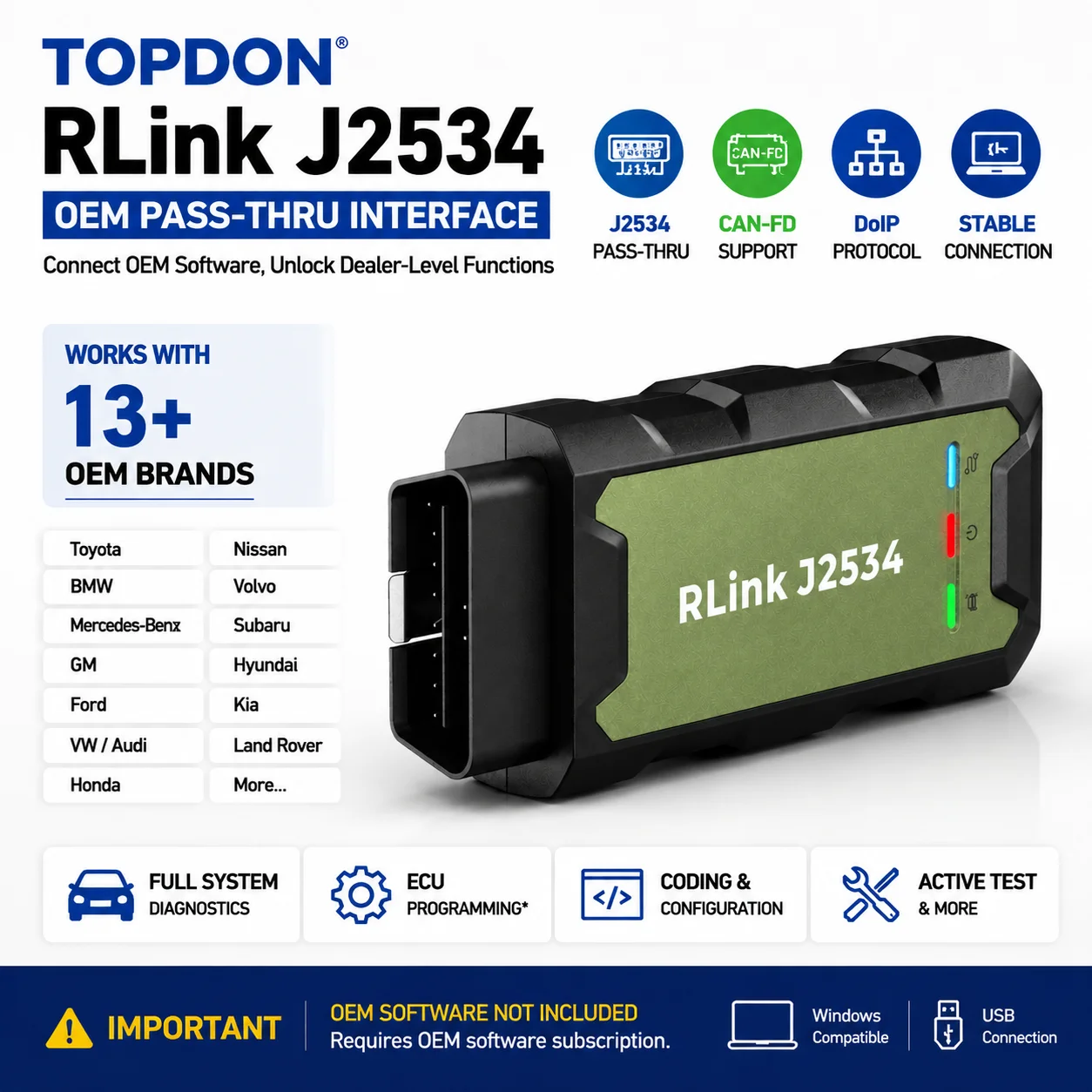 TOPDON RLink J2534 Pass-Thru Programmer CAN FD DoIP D-PDU OEM ECU Programming Diagnostic VCI Tool for GM Ford BMW VW 13+ Car