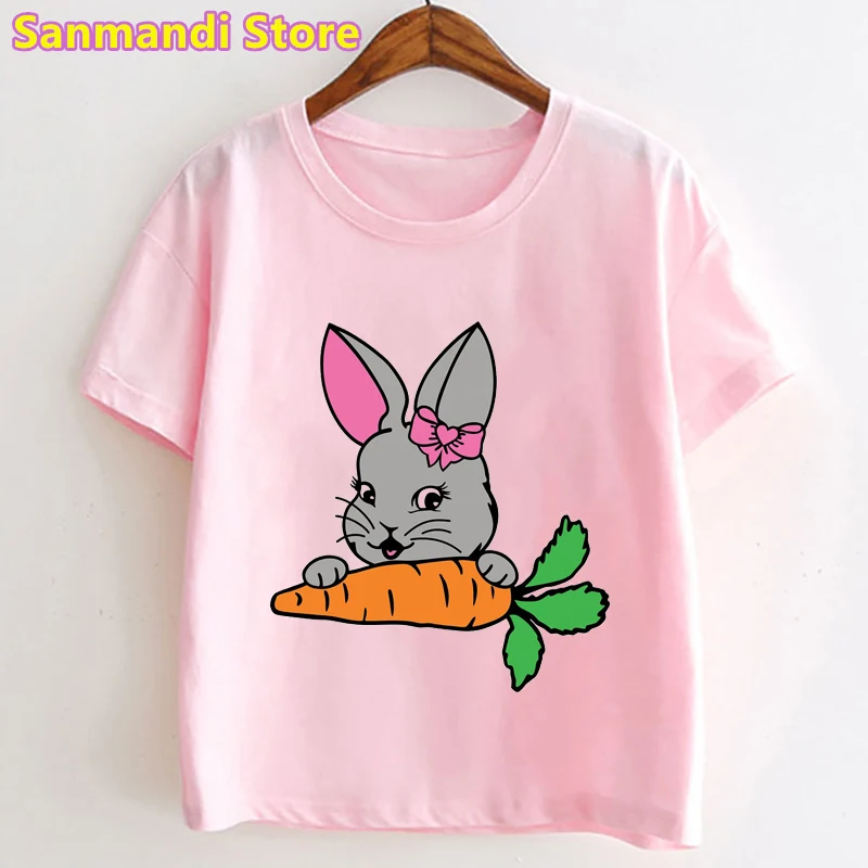 New Cute Bunny Love Carrot Cartoon Print Pink T-Shirt Girls Summer Tops Tee Shirt Children'S Clothing  Kawaii Rabbit Tshirt